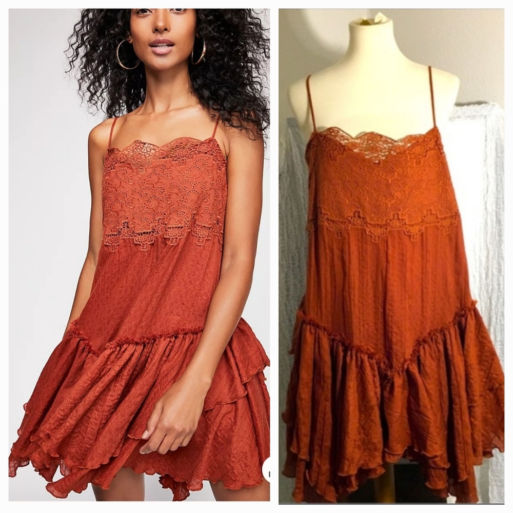Free People Rust Orange Lace Tiered Slip Dress